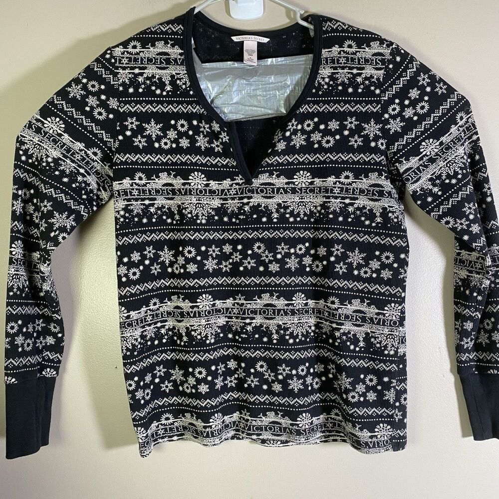 Victoria's Secret Thermal Shirt Ladies Medium Snowflake Pajama Black